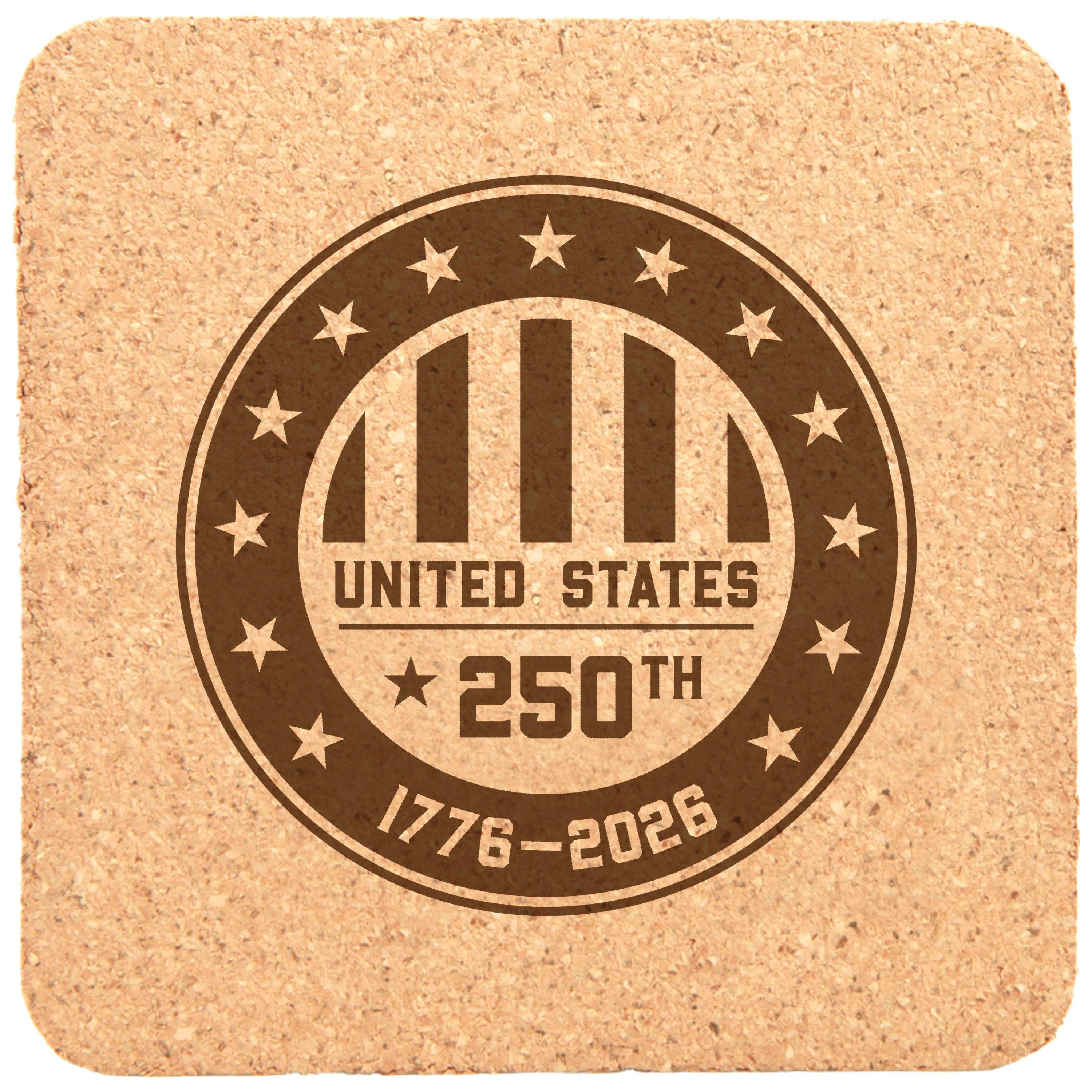 GiftWorksPlus - Wholesale Coasters - USA 250 - Engraved Cork Coaster - G-CRK2-1-00570