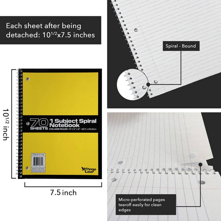 Three Leaf Products - Wholesale Notebook - Three Leaf 70 Ct. 1-Sub Spiral Notebook , Cr (Pack of 48)6