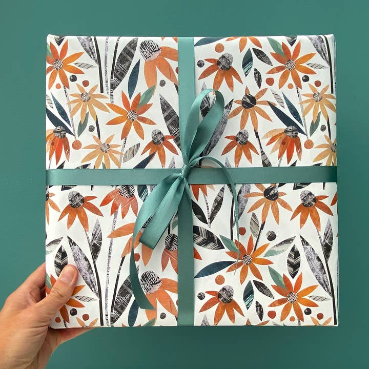 Autumn Floral Gift Wrap with Orange Conflowers for wholesale by Bianca Williams Design