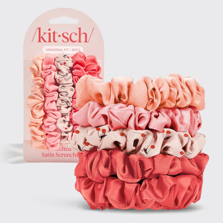 KITSCH - Wholesale Scrunchie - Women's - Ruched Satin Scrunchies 5pc Set - Assorted Cherry Blossom