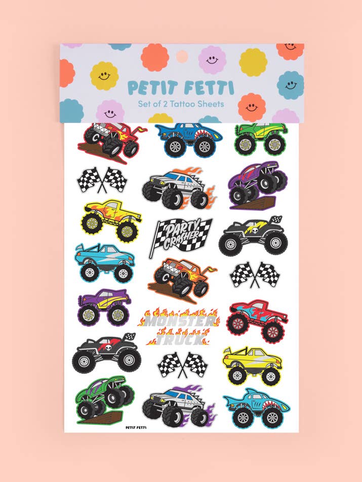 Tatouages temporaires Monster Truck Party Foil pour enfants, activité pour la vente par Petit Fetti