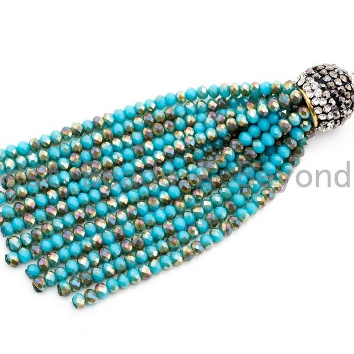 BestBeads&Beyond – Großhandel Individueller Charm/Anhänger – Kristall Perlen Quaste Anhänger, Glas Kristall Perlen, Pave CZ Strass Cap, Quaste Halskette Enhancer, 3 „lang, SKU #B82