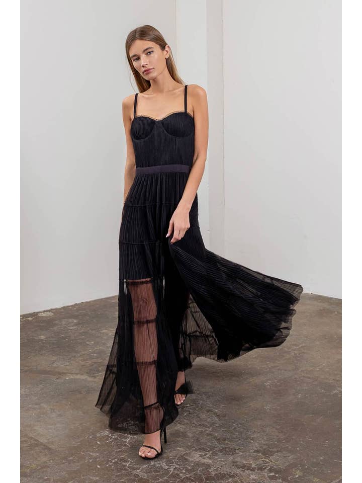 Moon River - Wholesale Dress - Women's - PLEATED TULLE SEMI-SHEER TIERED DRESS