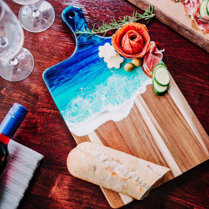 Beach Resin Art Serving Tray, Acacia Ocean Cheese Board for wholesale by WLB Designs