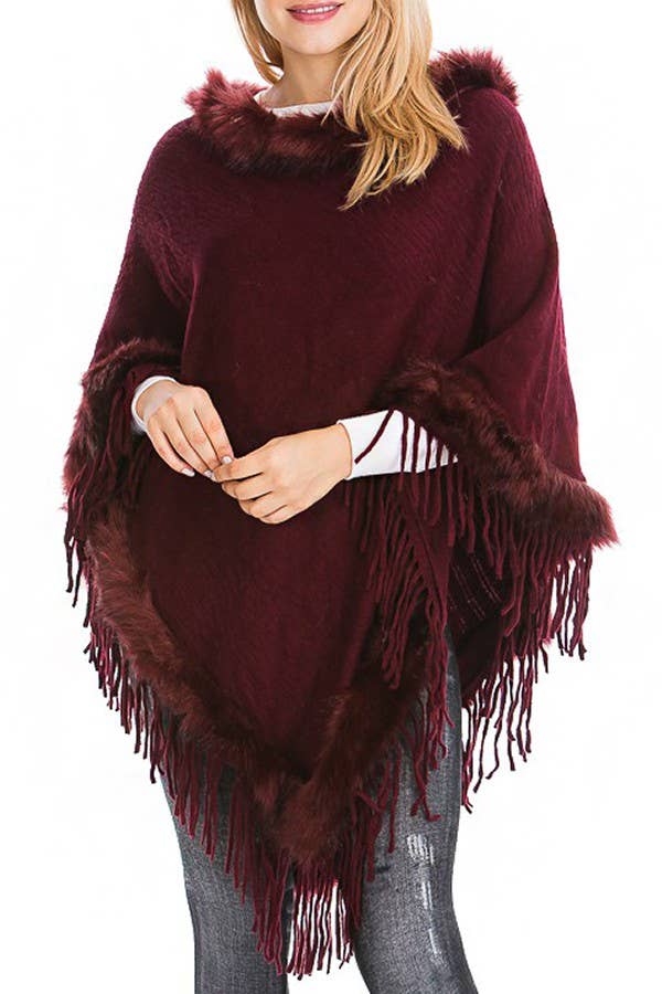 Cap Zone – wholesale Poncho – Women's – Faux Fur Lined Fringe Trim Pullover Poncho11