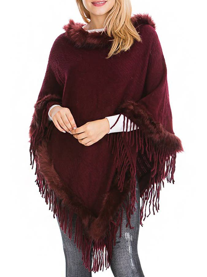 Cap Zone – wholesale Poncho – Women's – Faux Fur Lined Fringe Trim Pullover Poncho11