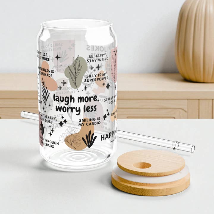 Laugh More Worry Less Sipper Glass Daily Use Tumbler; 16oz for wholesale by EMESLY