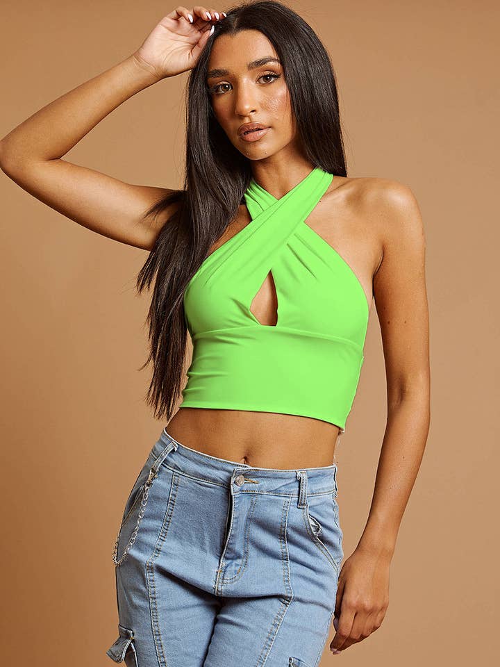 Halterneck Tie-Knot Slinky Crop Top for wholesale by Stylewise Direct