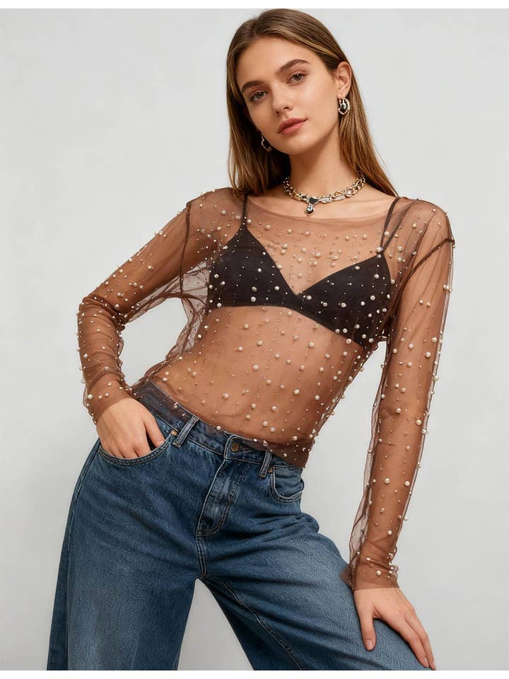 Sweetkama - Wholesale Blouse - Women's - Pearl Rhinestone Studded See Through Mesh Crop Top SKT19767