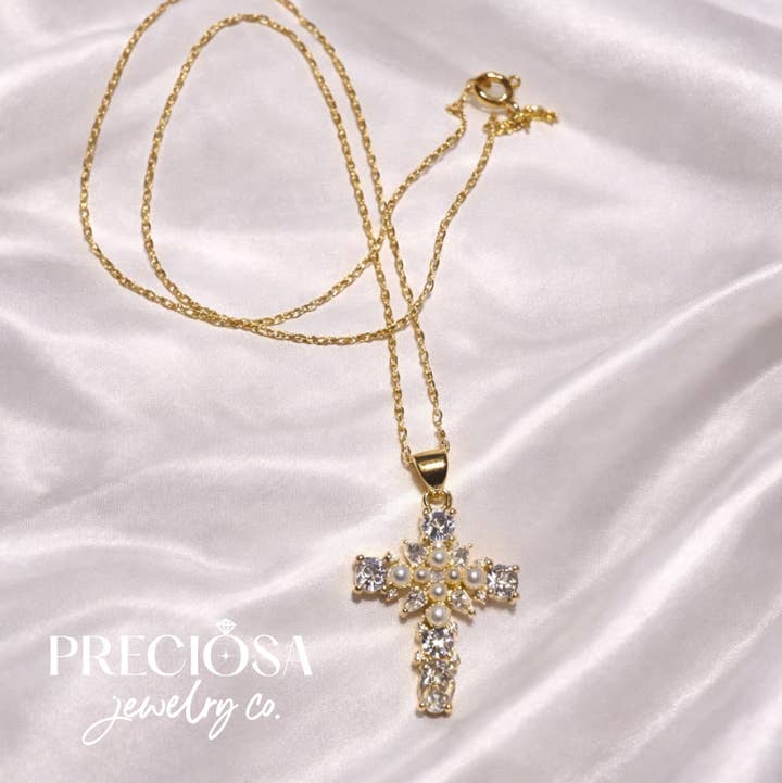 Preciosa Jewelry Co. - Wholesale Pendant/Charm Necklace - Diamonds & Pearls Gold Cross