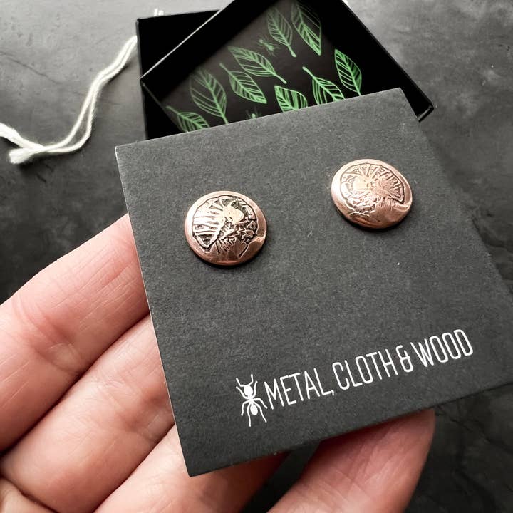 Copper and Sterling Silver Isopod Button Stud Earrings — Isopod Stud Earrings — Unique Gift for Gardener or Insect Jewelry Lover! for wholesale by Metal Cloth & Wood