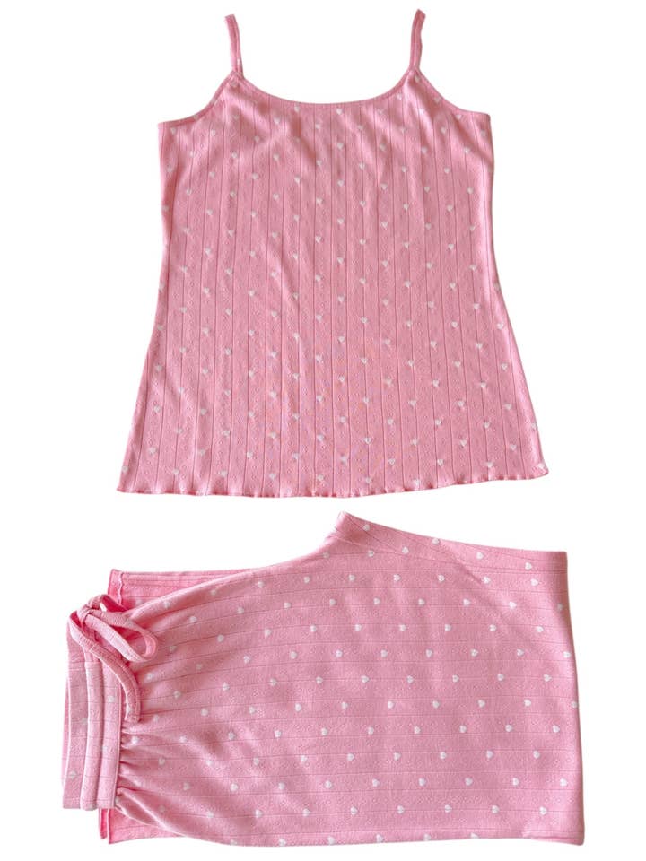 SIIX Collection - Wholesale Lounge Set - Women's - Pink with White Heart / Organic Pointelle Women's Cami Lounge Set