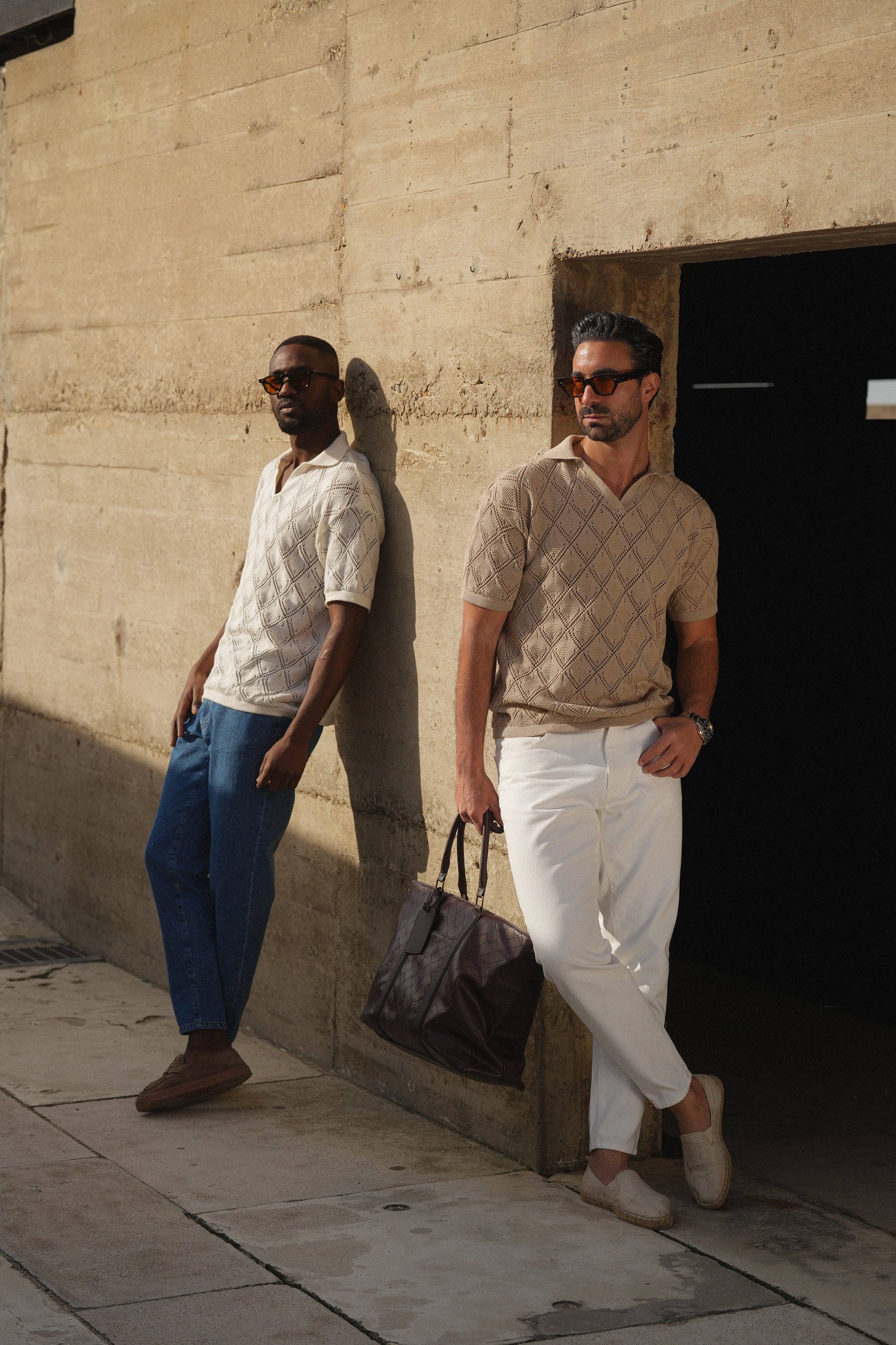 DONATO - Wholesale Polo - Men's - POLO GEOMETRIC DESIGN OPEN-COLLAR TAUPE SHIRT10