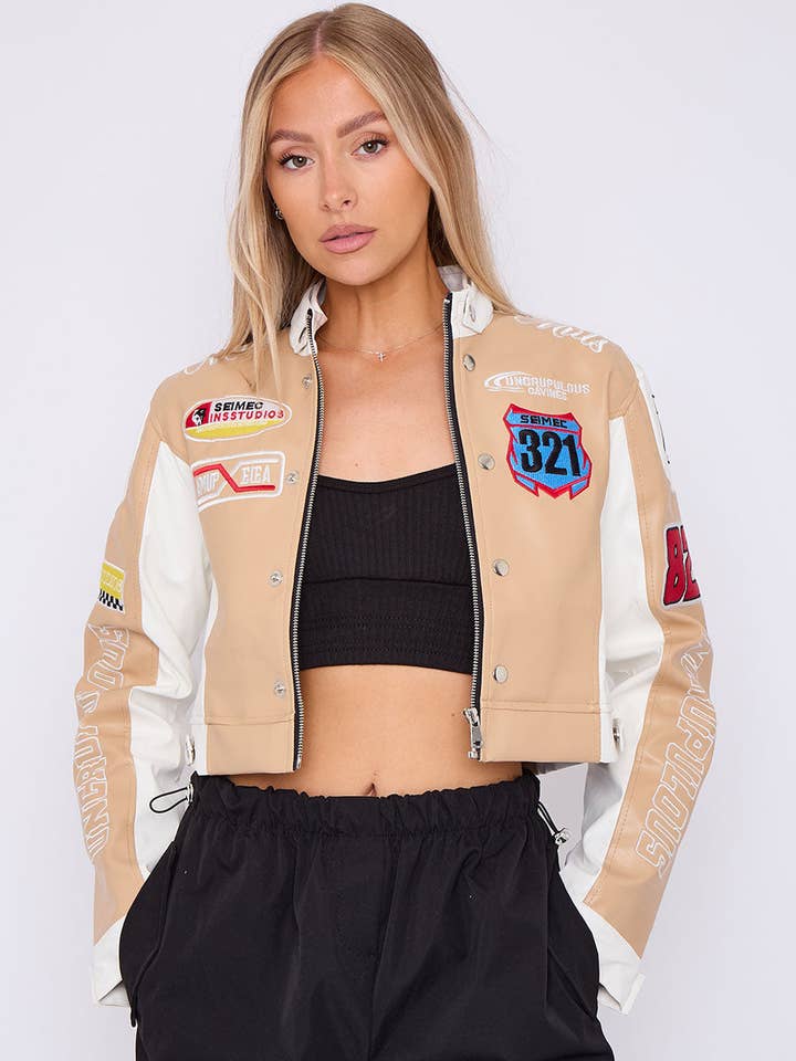 Stylewise Direct – wholesale Leather jacket – Women′s – Colour Block Embroidered Vintage PU Biker Jacket3