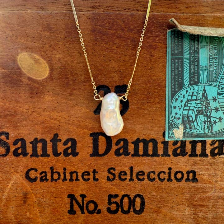 White Fresh Water Keshi Pearl on Gold Filled Bar and Ring Chain for wholesale by Plumage Jewelry