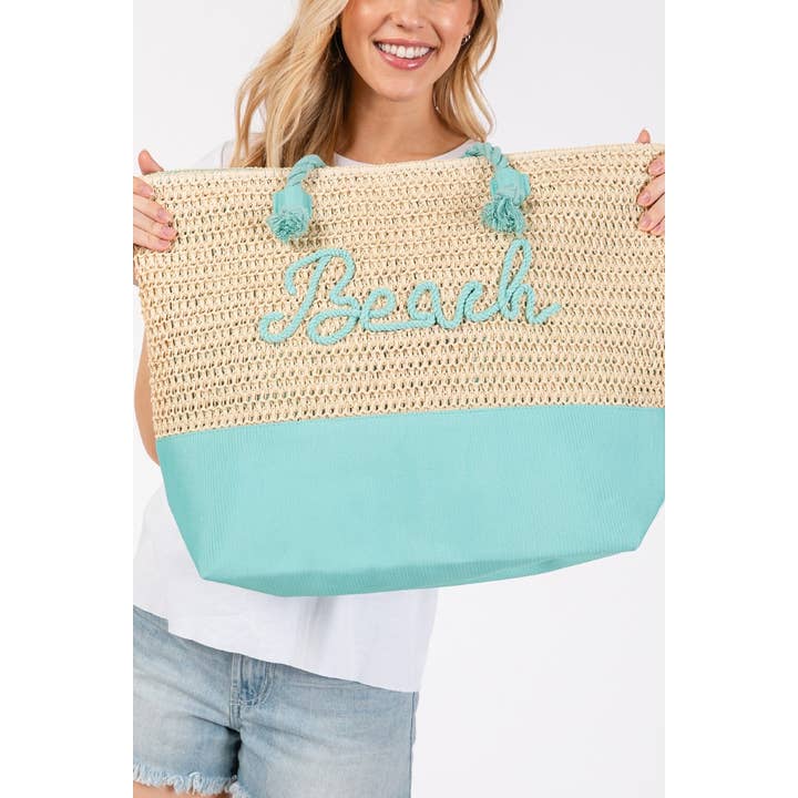 Collections by Fame Accessories - Wholesale Tote Bag - Women's - Large Beach Print Braided Tote Bag