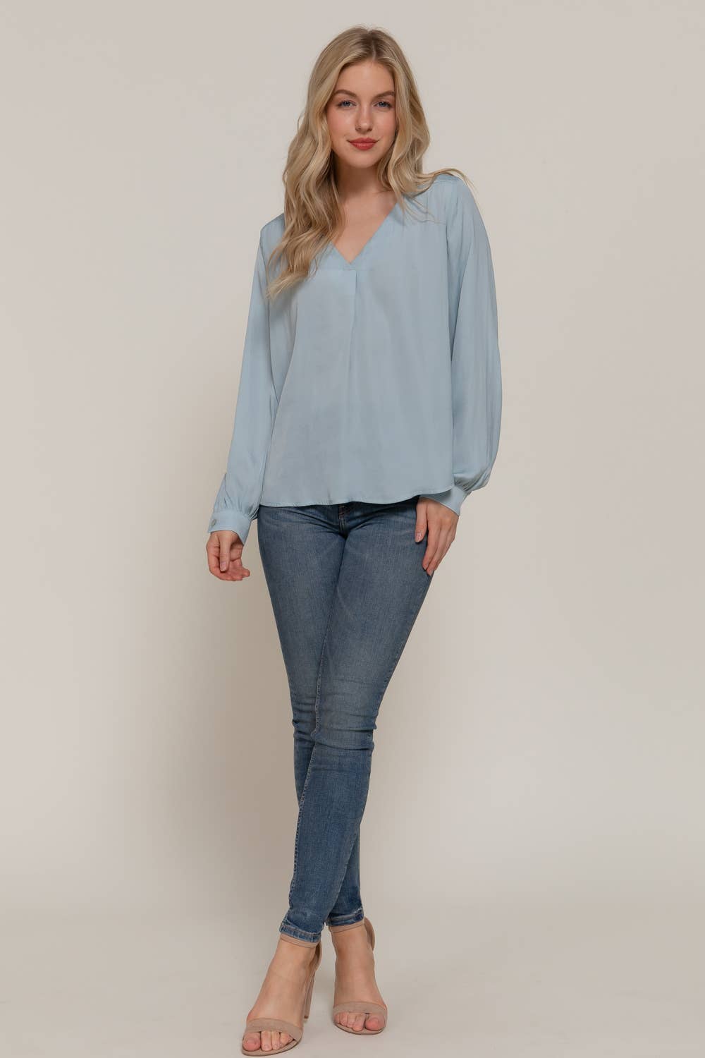 Active Basic | Active USA - Wholesale Blouse - Women's - Long Sleeve V-Neck with Pleats Satin Blouse3