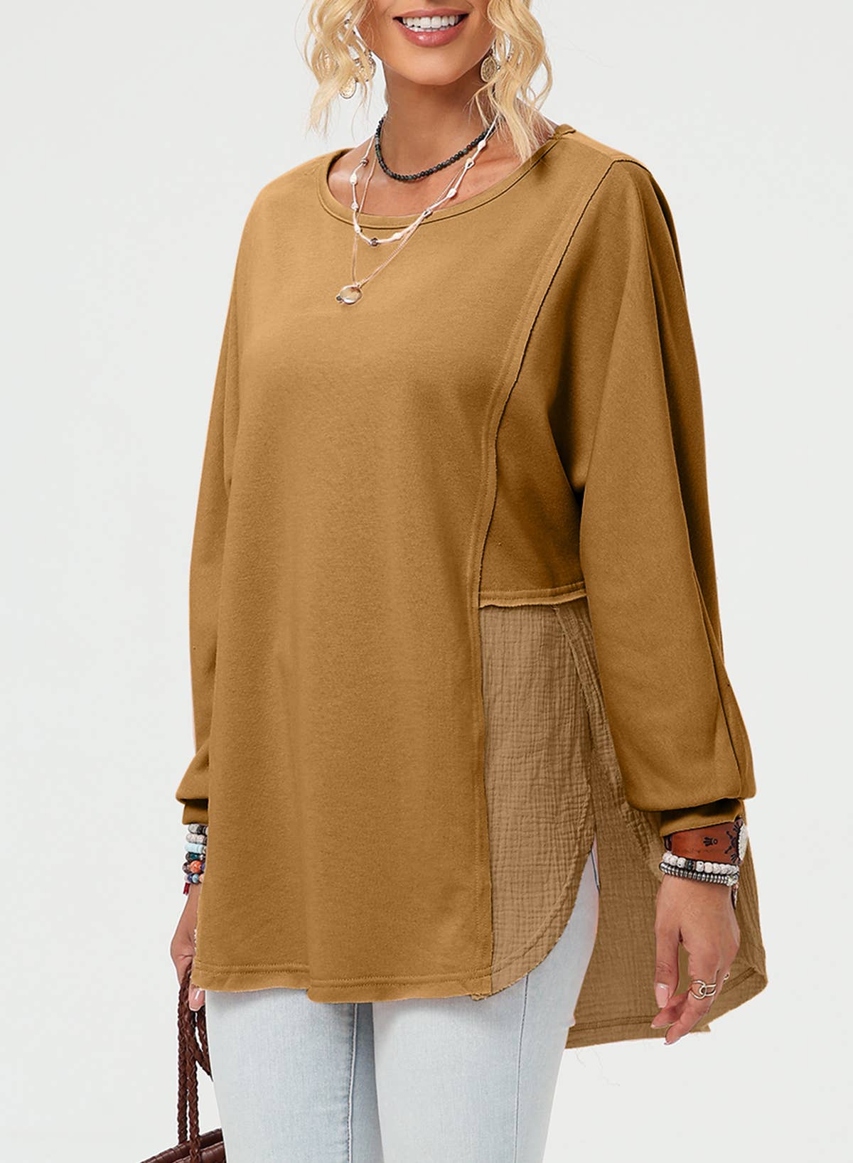 Lovesoft - Wholesale Tunic - Women's - Crinkle Splicing Raw Hem High Low Oversized Blouse16