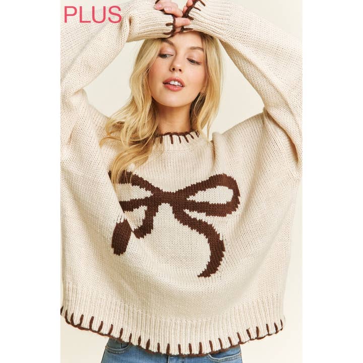Sweet Generis - Wholesale Knit Sweater - Women's - PLUS HOLIDAY BIG BOW SWEATER PULLOVER WITH CONTRAST EDGE STI