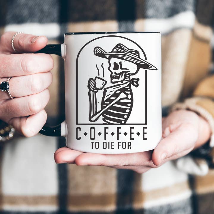 Western Coffee to Die For 15oz White Mug with Black Handle for wholesale by Ace the Pitmatian Co