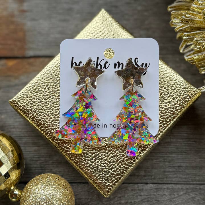 Christmas Tree Earrings - Disco Glitter with Stars for wholesale by Be Like Missy