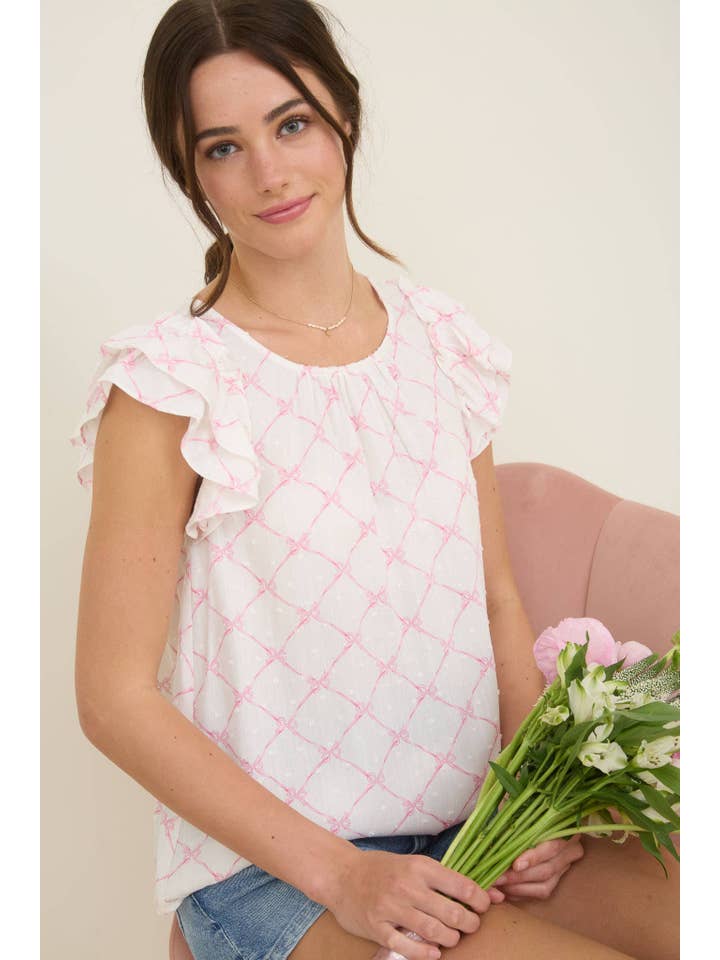MINE - Wholesale Blouse - Women's - PLUS BOW CLIP DOT PATTERN RUFFLE SLEEVE BLOUSE
