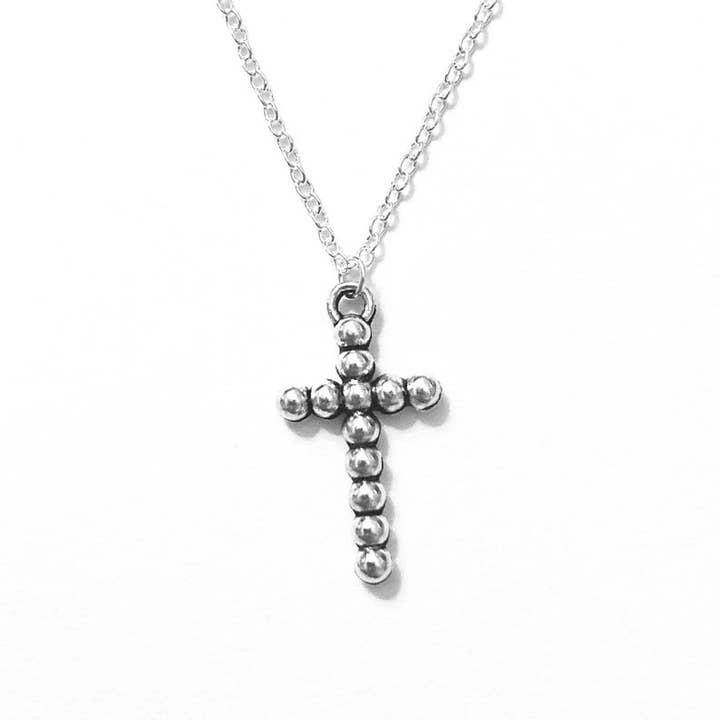 Silver Beaded Cross Pendant Necklace on 18" Silver Chain for wholesale by Broken Record Boutique