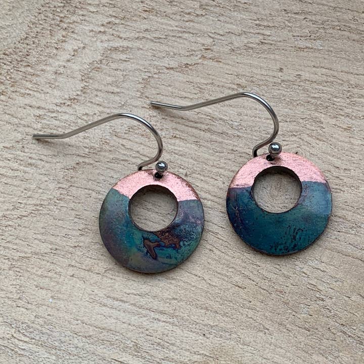 Small circle fire painted copper earrings for wholesale by Positive Shine Jewelry