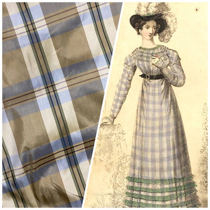 NEW Baroness Winifred 100% Silk Dupioni Taupe with Duck Egg Blue Plaid Tartan Fabric for wholesale by Fancy Styles Fabric