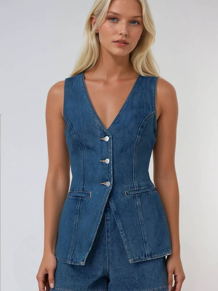 LONGLINE BUTTON UP DENIM VEST TOP 6171JIA for wholesale by WISTERIA LANE