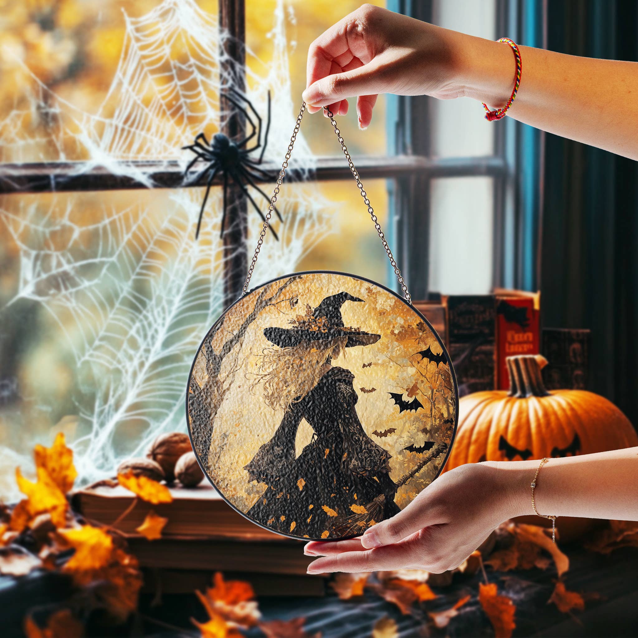 NVC Ecommerce LLC – wholesale Suncatcher – Witch Halloween Suncatcher, Gothic Witch Glass ornament3