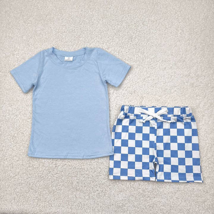 Baby Boys Blue Short Sleeves Top Plaid Shorts Sets for wholesale by Aier Wholesale