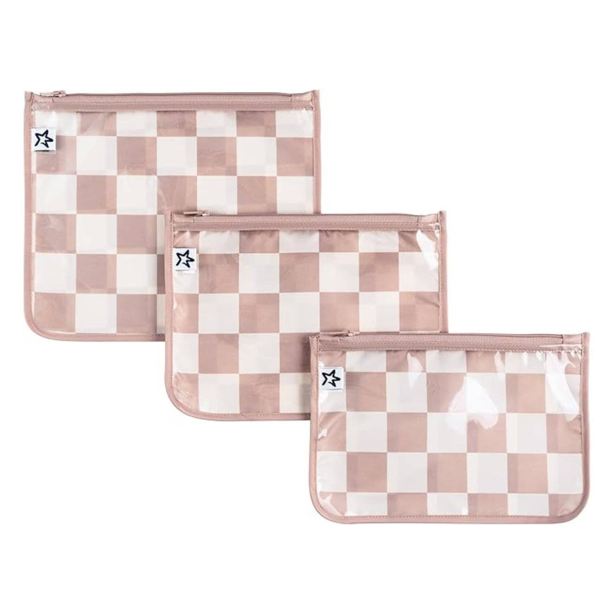 Tiny Twinkle - Wholesale Travel set - Tiny Twinkle - Clear Travel Bags - 3 Pack Sets - Beige Checkers (MSKU:ZT3-96)0