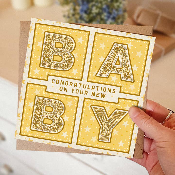 Jess A Little Creative - Wholesale Baby Card - Yellow Gender Neutral Typographic New Baby Card