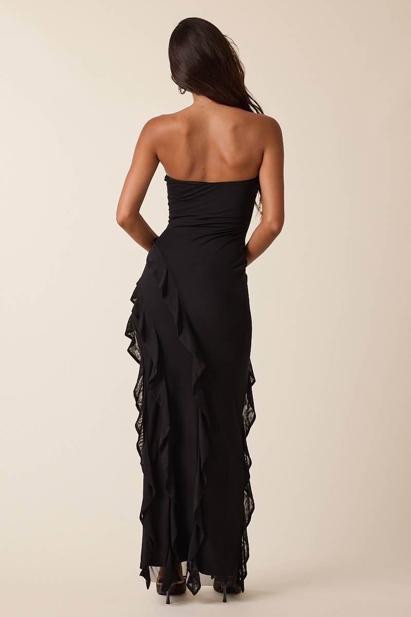 BLACK ASYMMETRY HIGH-LOW LAYERED MESH TUBE DRESS for wholesale on Faire3