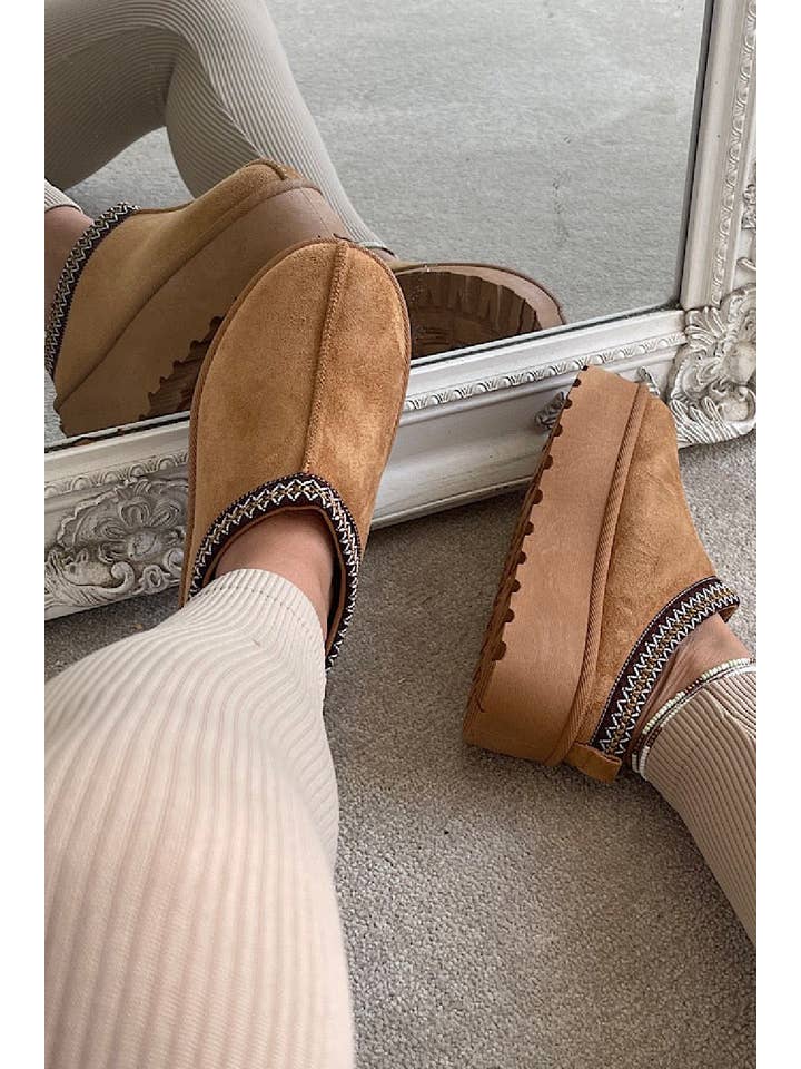 No Doubt Shoes - Wholesale Slides - Women's - Women's Faux Fur Lined Slipper Platform Sliders Aztec Mules 6