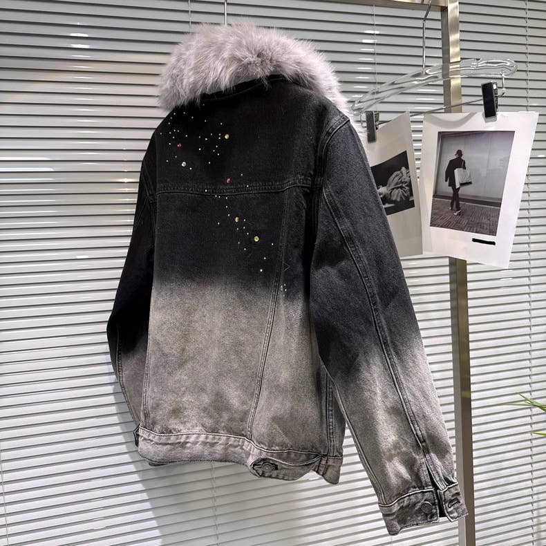 Productseeker - Wholesale Spijkerjack/spijkerjas - Dames - CT142 2025 Winter Gradient Spijkerjas met Vossenbontkraag1