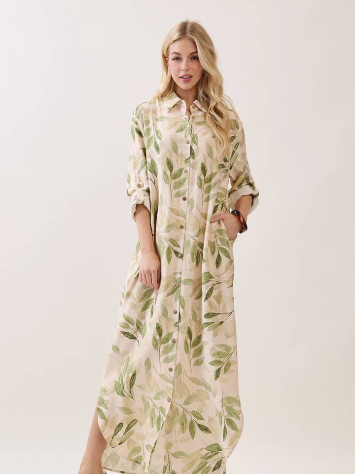 Leaf Print Long Sleeve Button-Down Maxi Dress HD3418-GREEN for wholesale by B I G H I T Fashion