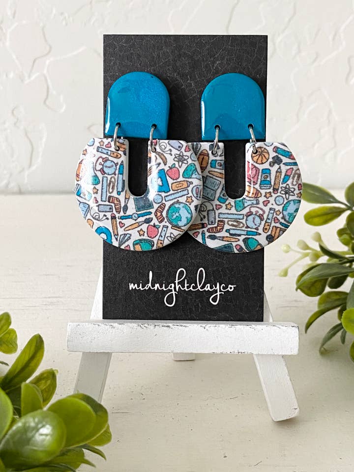 school earrings, teacher jewelry, back to school, cute, teal for wholesale by midnightclayco