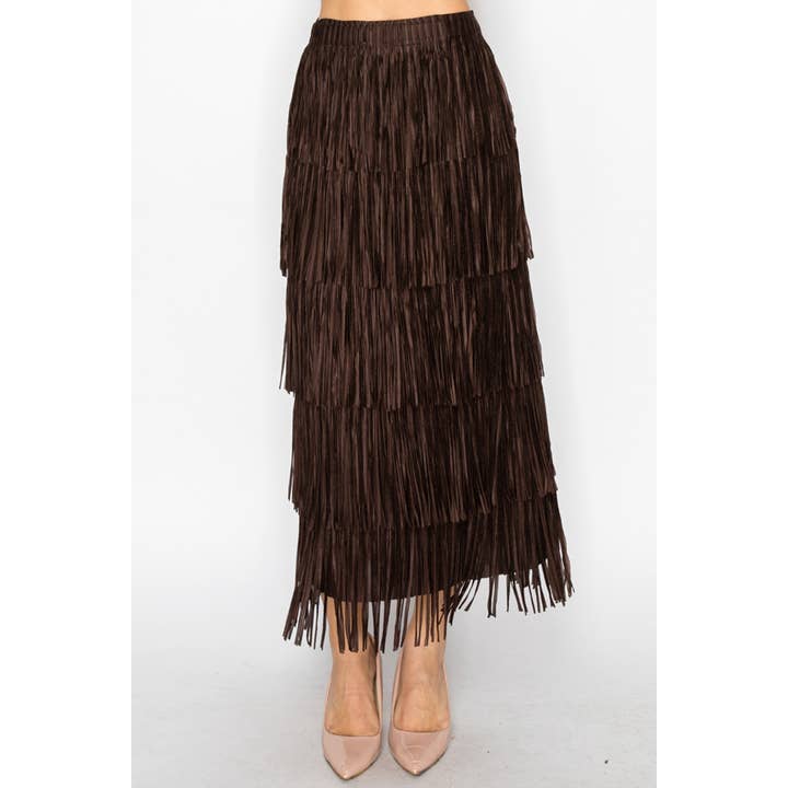 Lager-på-lager Fransad Skiktad Maxikjol - OLS-4794BRUN för wholesale av Origami Apparel ~ Lace and Crochet inspired