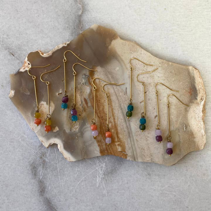 Colorful Stone Cube Brass Bar Earrings for wholesale by Seeds