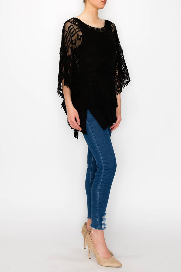 Origami Apparel ~  Lace and Crochet inspired – wholesale Blouse – Women’s – Ornate Crochet Poncho Top With Geometric Embroidered Details -1139 BK1