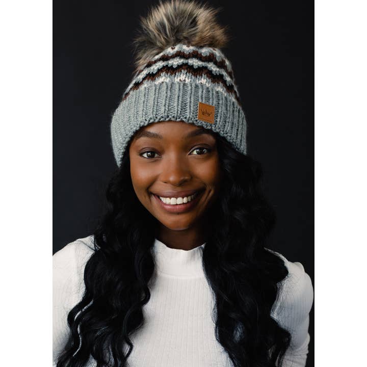 Panache Apparel Co. - Wholesale Beanie - Women's - Gray, Brown & White Winter Pattern Pom Hat