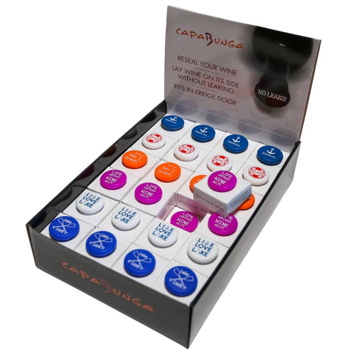 Wine Cap Counter Display | Lake Love Wine Stoppers for wholesale by CapaBunga®