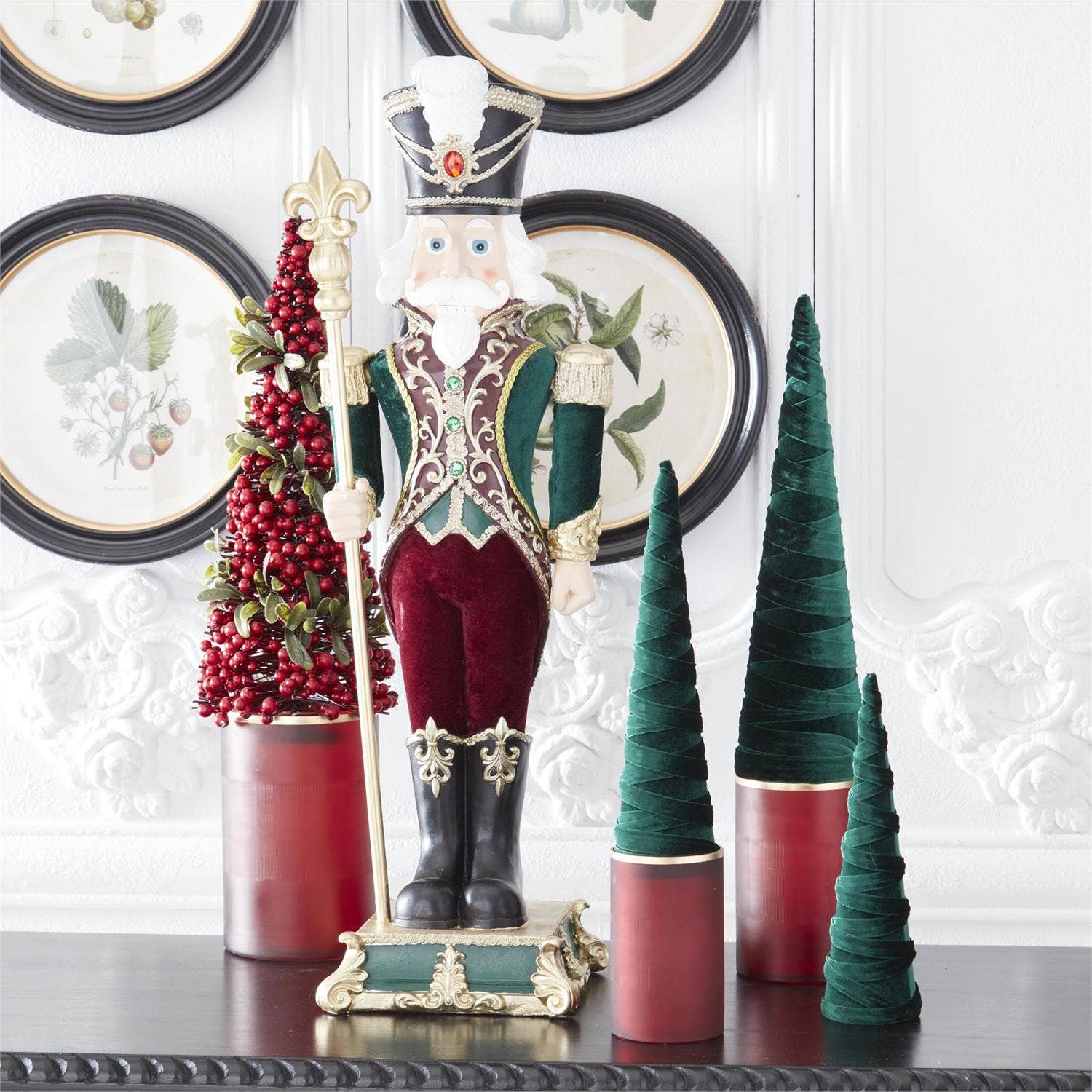 RC Home Decor – wholesale Holiday nutcracker – 35.25" Green & Burgundy Velvet Nutcracker Soldier with Staff – Grand Christmas Figurine1