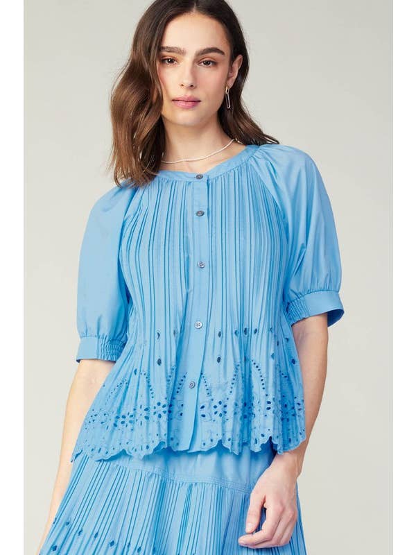 Baby Blue Button Front Pleated Eyelet Top for wholesale on Faire