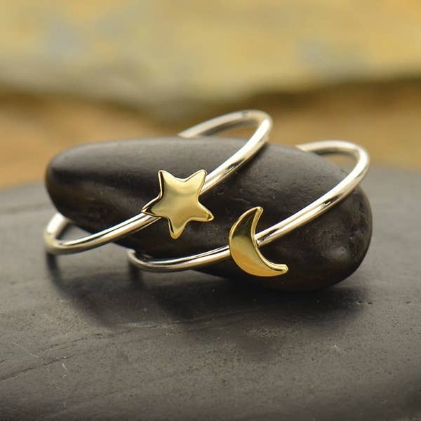 Nina Designs - Wholesale Band/Stacked Ring - Sterling Silver Ring Set - Tiny Bronze Moon and Star