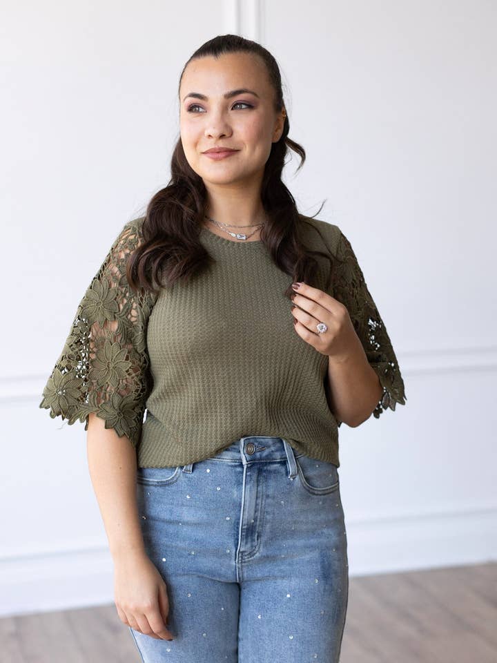 Garden Romance Waffle Knit Top in Olive for wholesale on Faire1