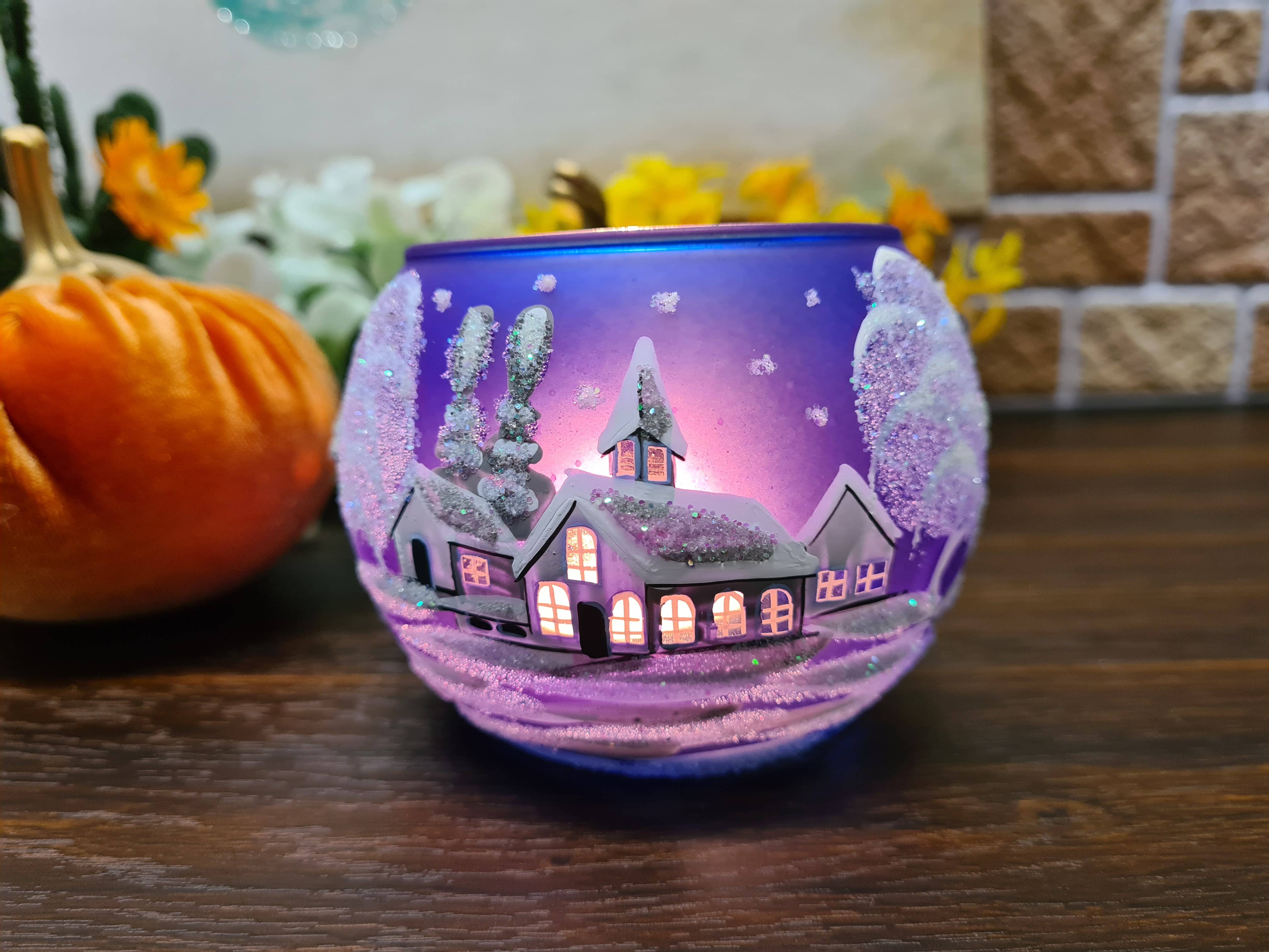Glass by Iness - Wholesale Candle Holder - White Church In Winter Wonderland Collection - Candle Holder11