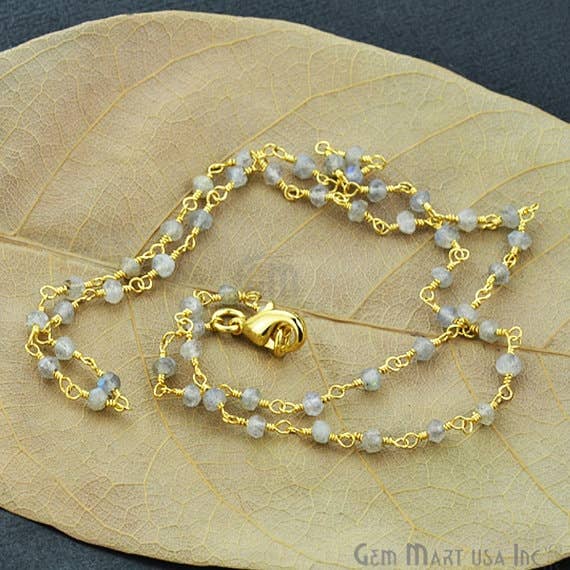 GemMartUSA - Wholesale Beaded/Pearl Necklace - Natural Labradorite Necklace chain, 18 Inch Gold Plated Bead